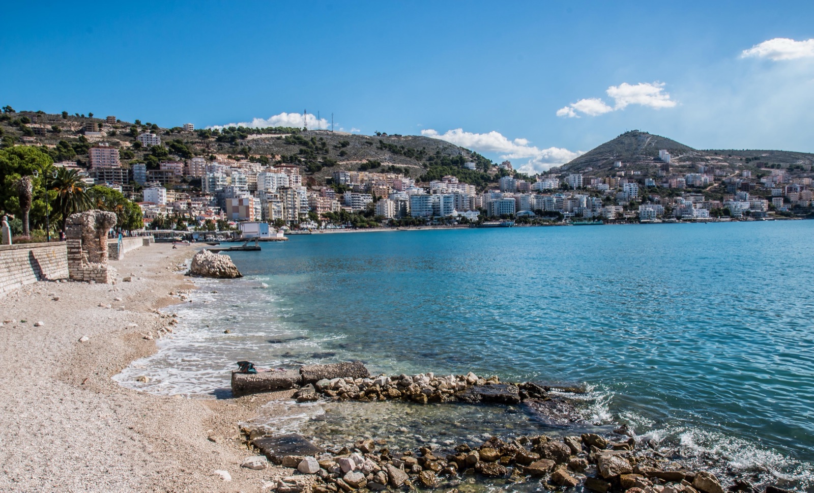 View of Saranda harbour at sunset on the Albanian coast
